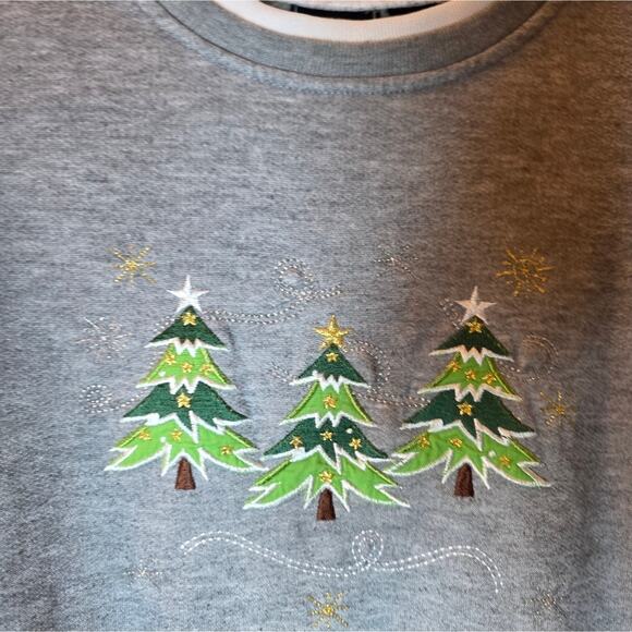 Vtg 90s Christmas Tree Embroidered Crewneck Sweatshirt Double Collar Size L - Picture 3 of 7
